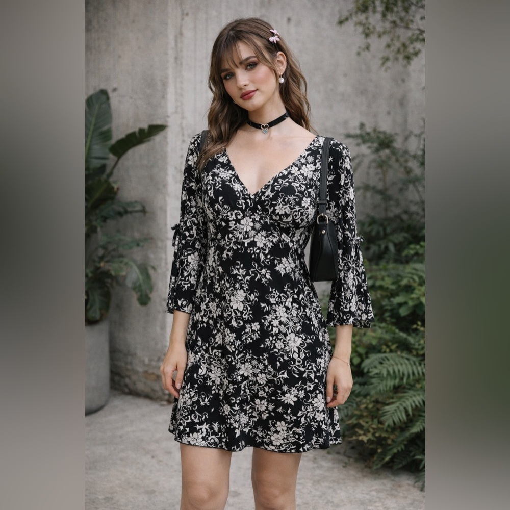 Vintage Y2K Per Seption Black & White Floral Wrap Dress Size M Romantic Grunge